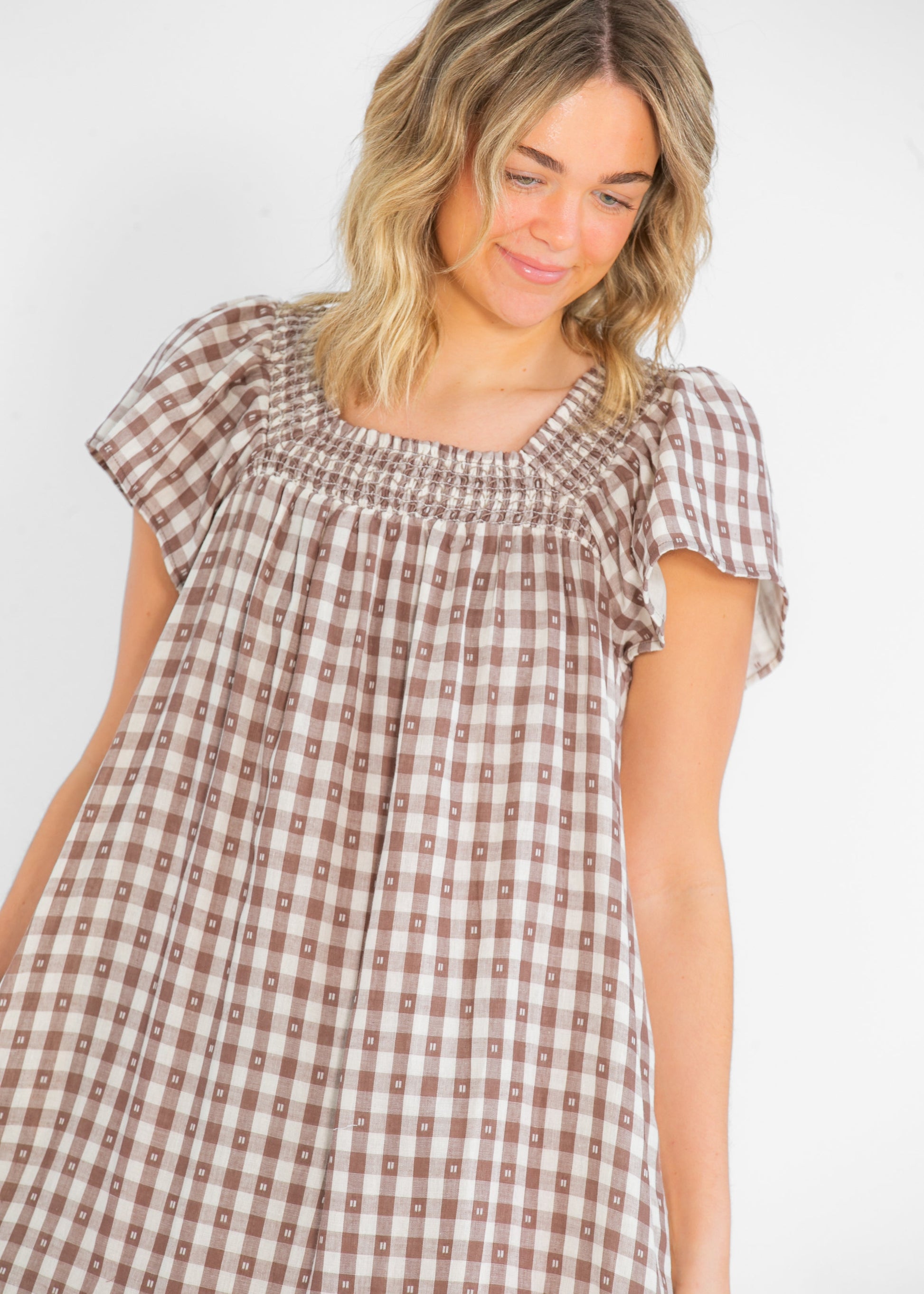 Brown Gingham Short Sleeve Maxi Dress FF Dresses
