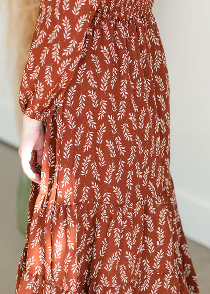 Brown Leaf Smocked Midi Dress - FINAL SALE FF Dresses