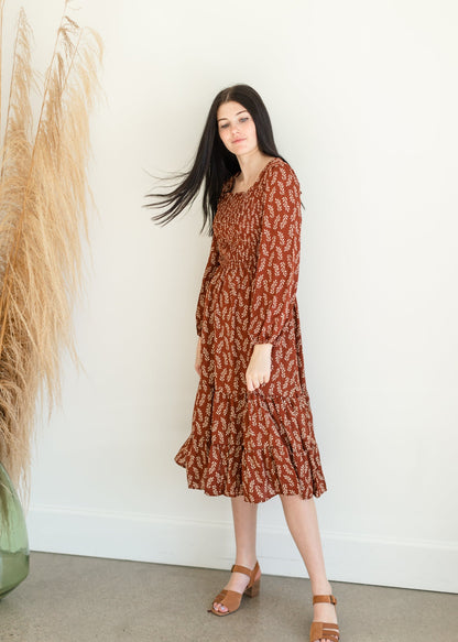 Brown Leaf Smocked Midi Dress - FINAL SALE FF Dresses