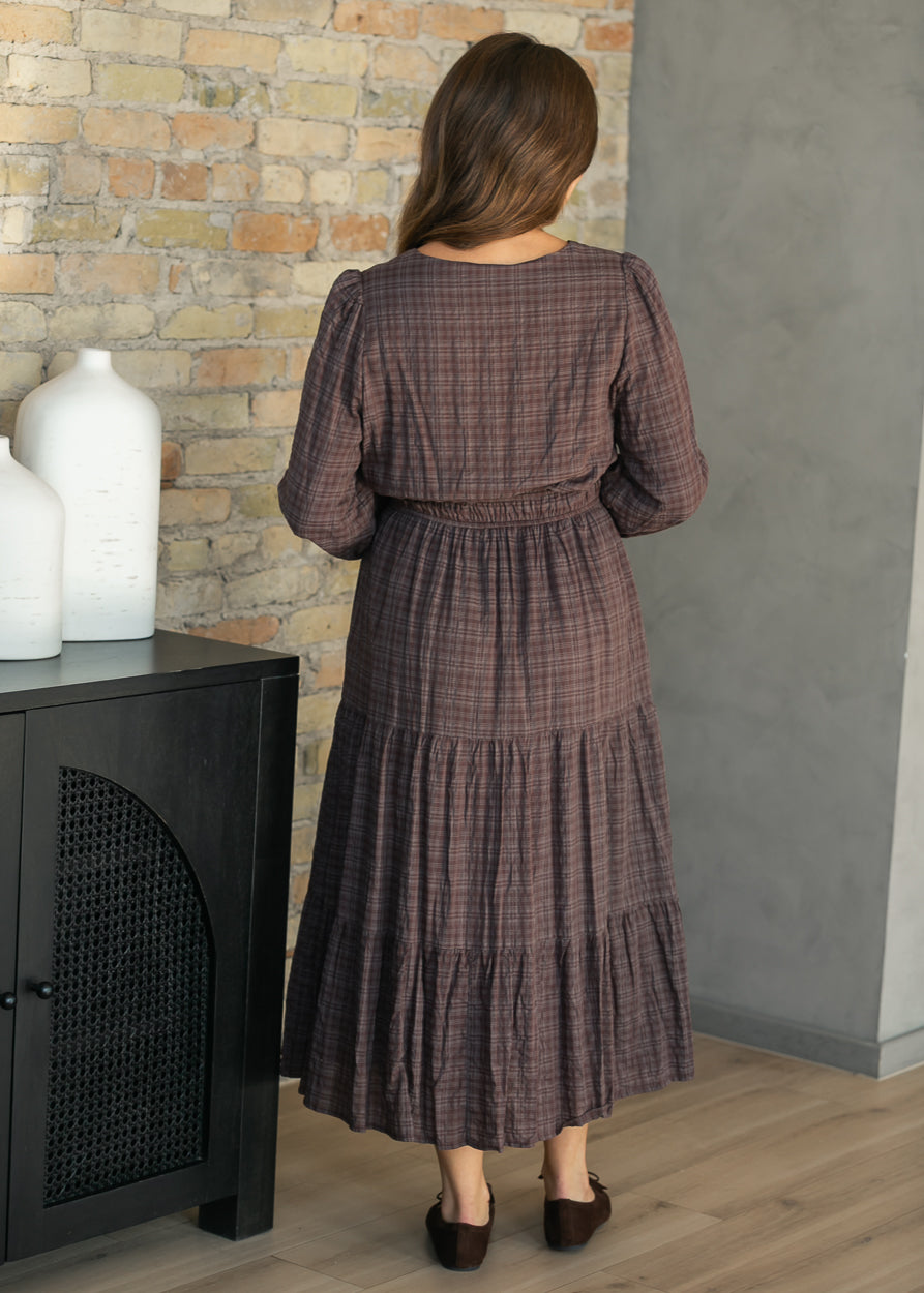 Brown Plaid Cotton V-Neck Dress FF Dresses
