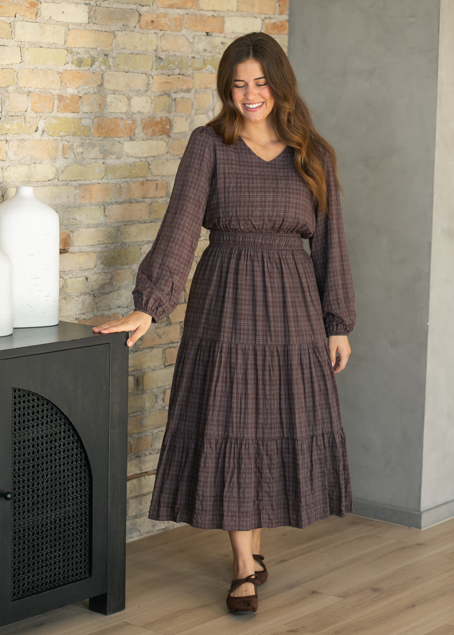 Brown Plaid Cotton V-Neck Dress FF Dresses