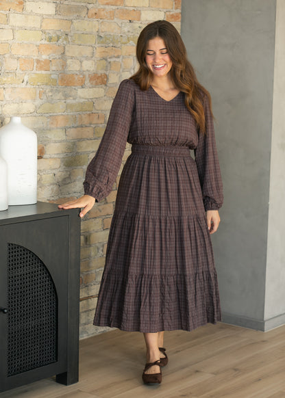 Brown Plaid Cotton V-Neck Dress FF Dresses