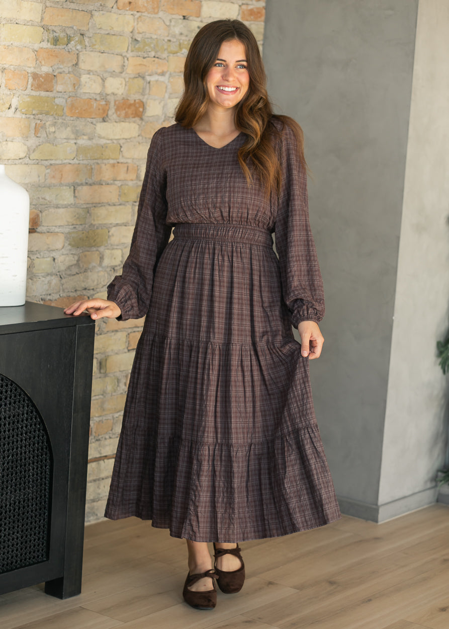 Brown Plaid Cotton V-Neck Dress FF Dresses