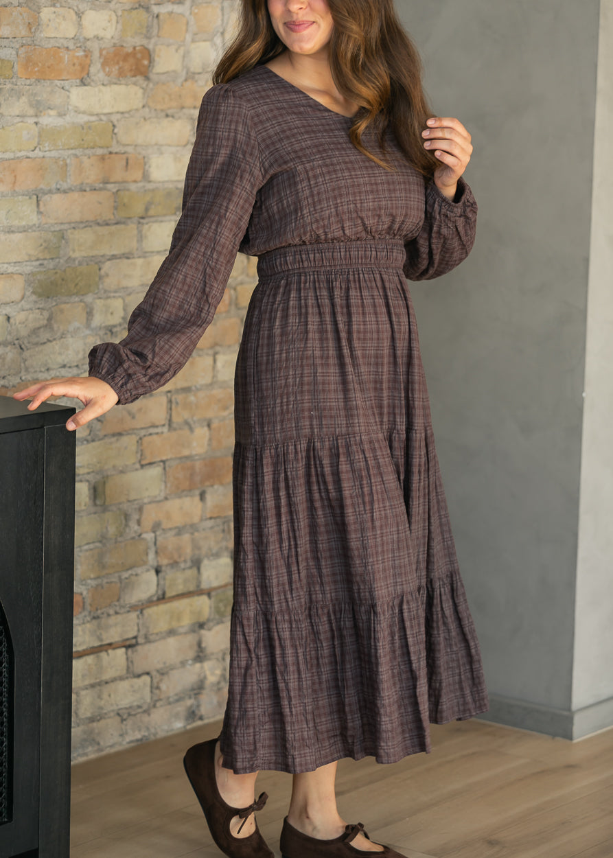 Brown Plaid Cotton V-Neck Dress FF Dresses