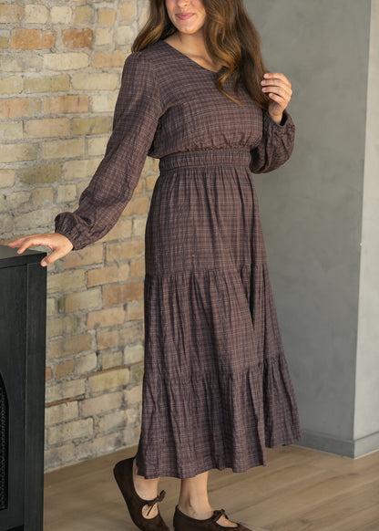 Brown Plaid Cotton V-Neck Dress FF Dresses