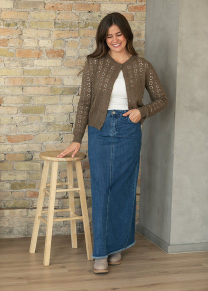 Brown Pointelle Knit Button Up Cardigan FF Tops