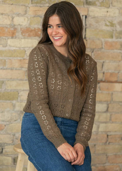 Brown Pointelle Knit Button Up Cardigan FF Tops