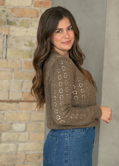 Brown Pointelle Knit Button Up Cardigan FF Tops