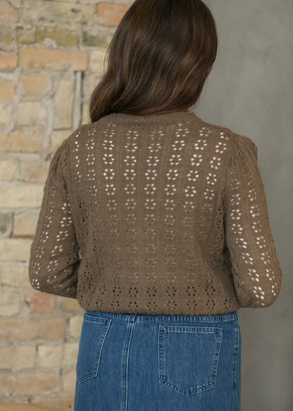 Brown Pointelle Knit Button Up Cardigan FF Tops