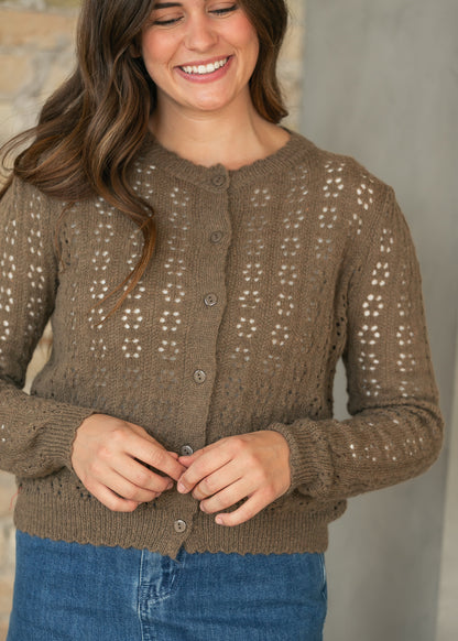 Brown Pointelle Knit Button Up Cardigan FF Tops S