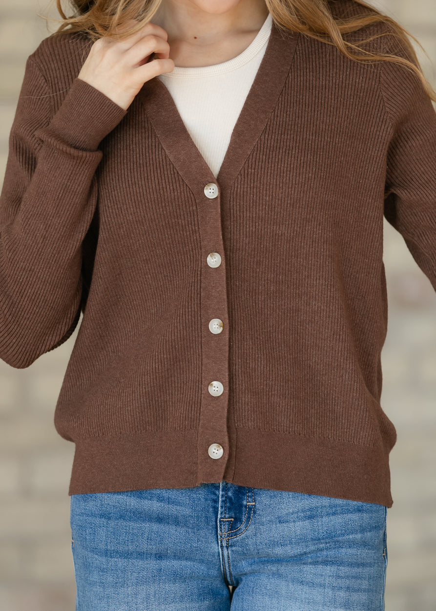 Brown Ribbed Button Front Cardigan FF Tops