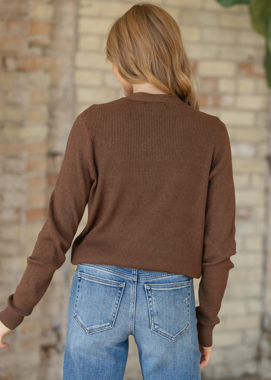 Brown Ribbed Button Front Cardigan FF Tops