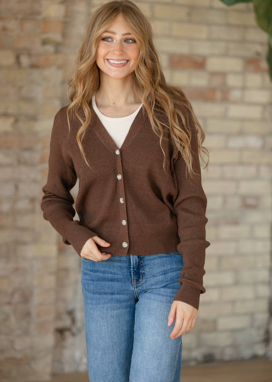 Brown Ribbed Button Front Cardigan FF Tops S