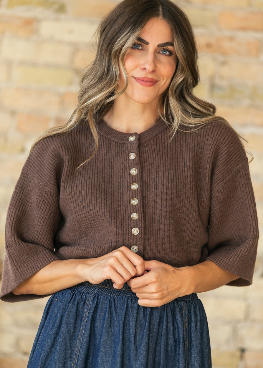 Brown Short Sleeve Knit Cardigan FF Tops XS
