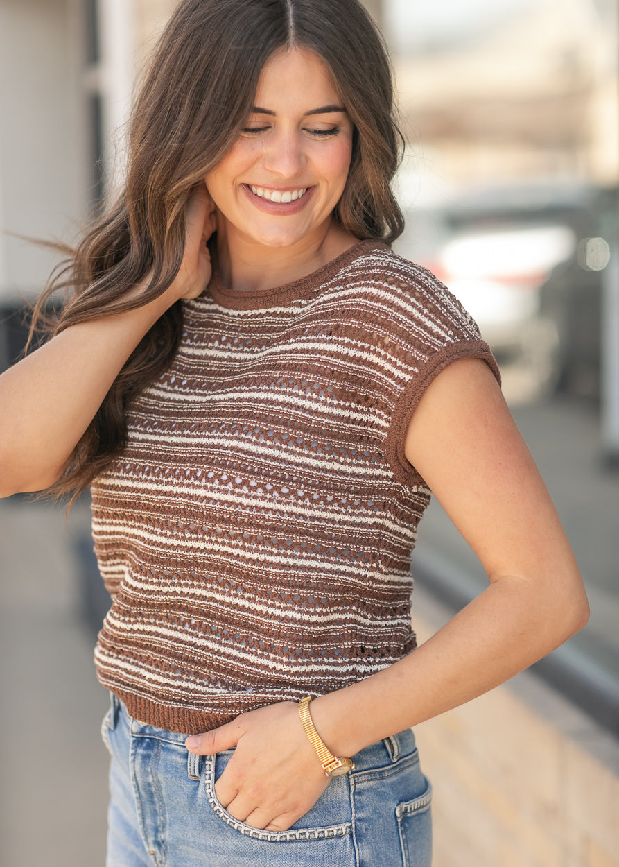 Brown Stripe Drop Shoulder Top FF Tops