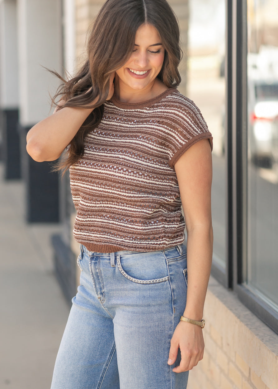 Brown Stripe Drop Shoulder Top FF Tops