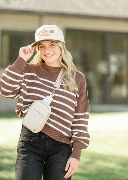 Brown Striped Crewneck Knit Sweater FF Tops