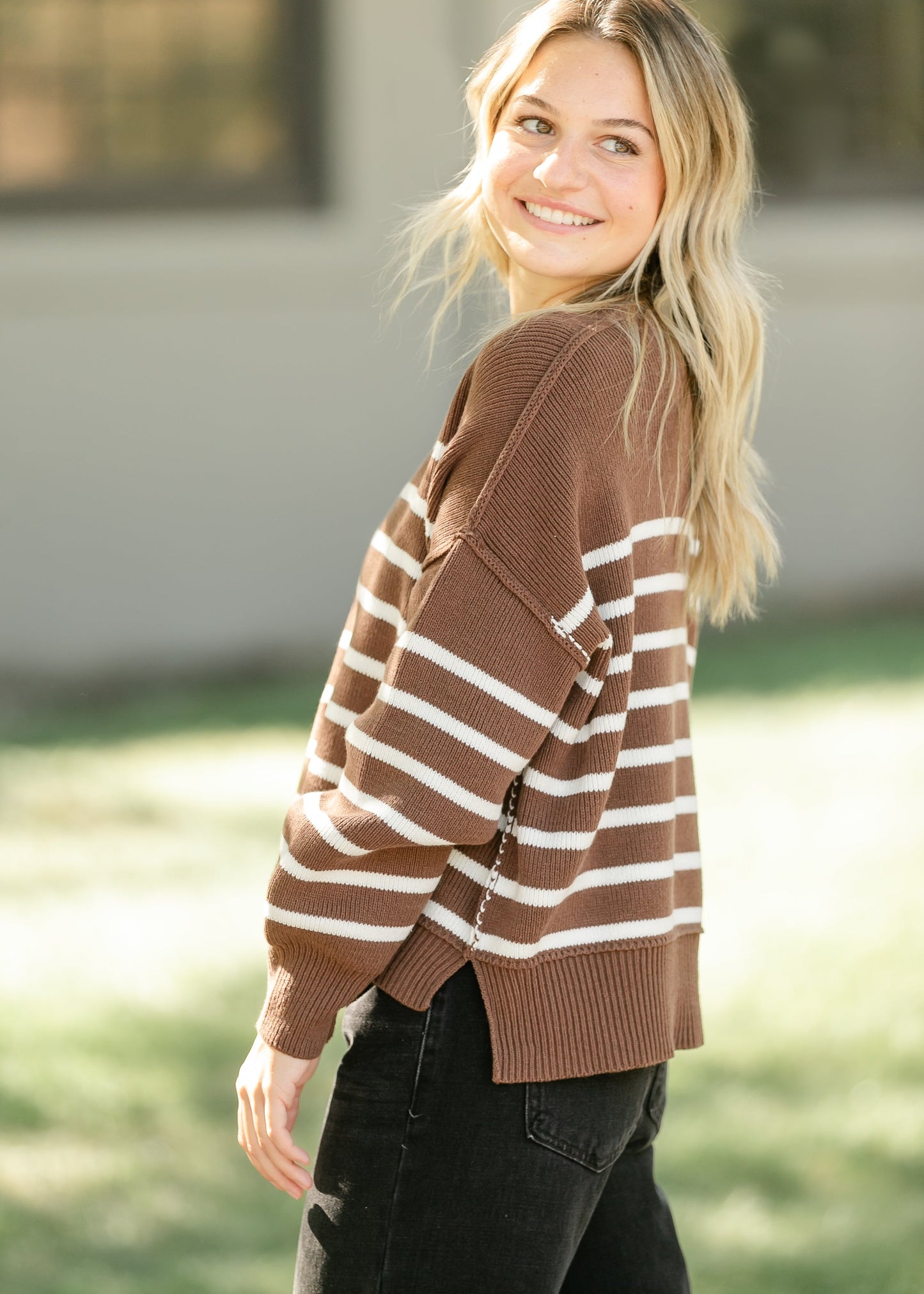Brown Striped Crewneck Knit Sweater FF Tops