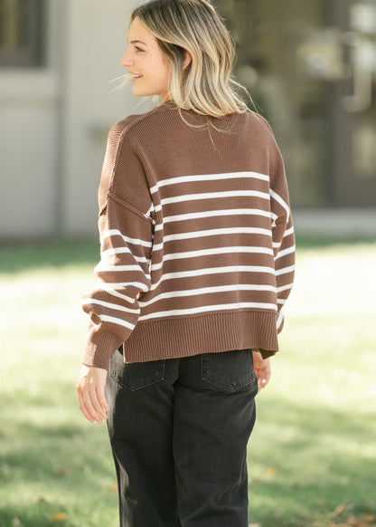 Brown Striped Crewneck Knit Sweater FF Tops