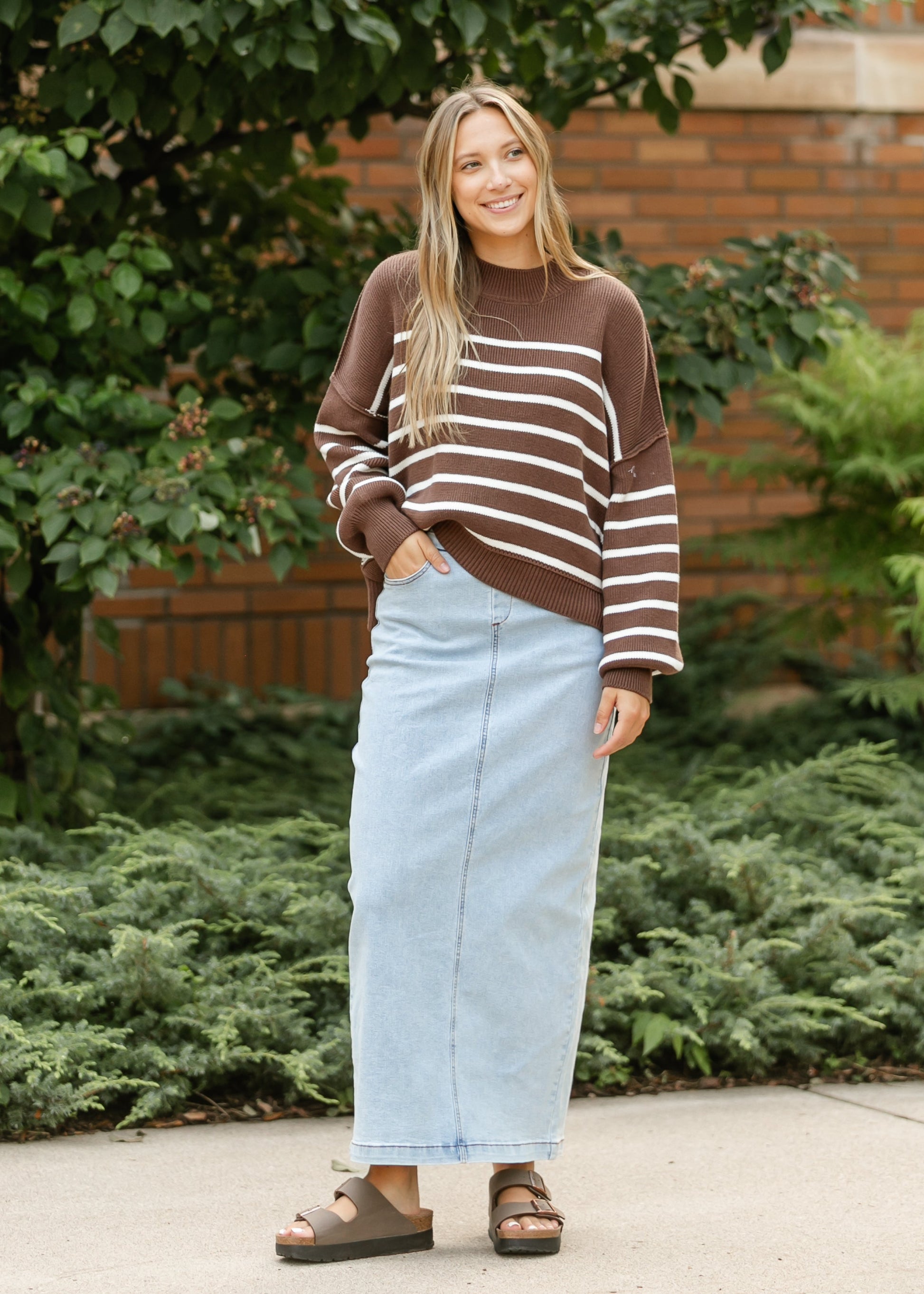 Brown Striped Crewneck Top FF Tops