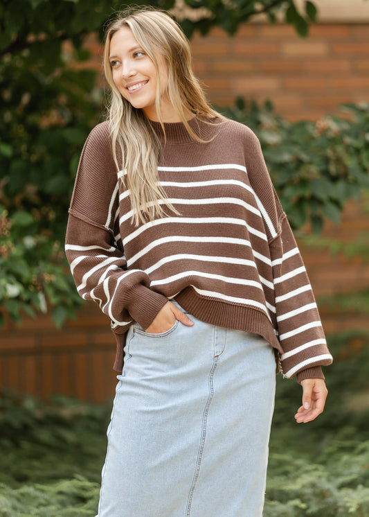 Brown Striped Crewneck Top FF Tops