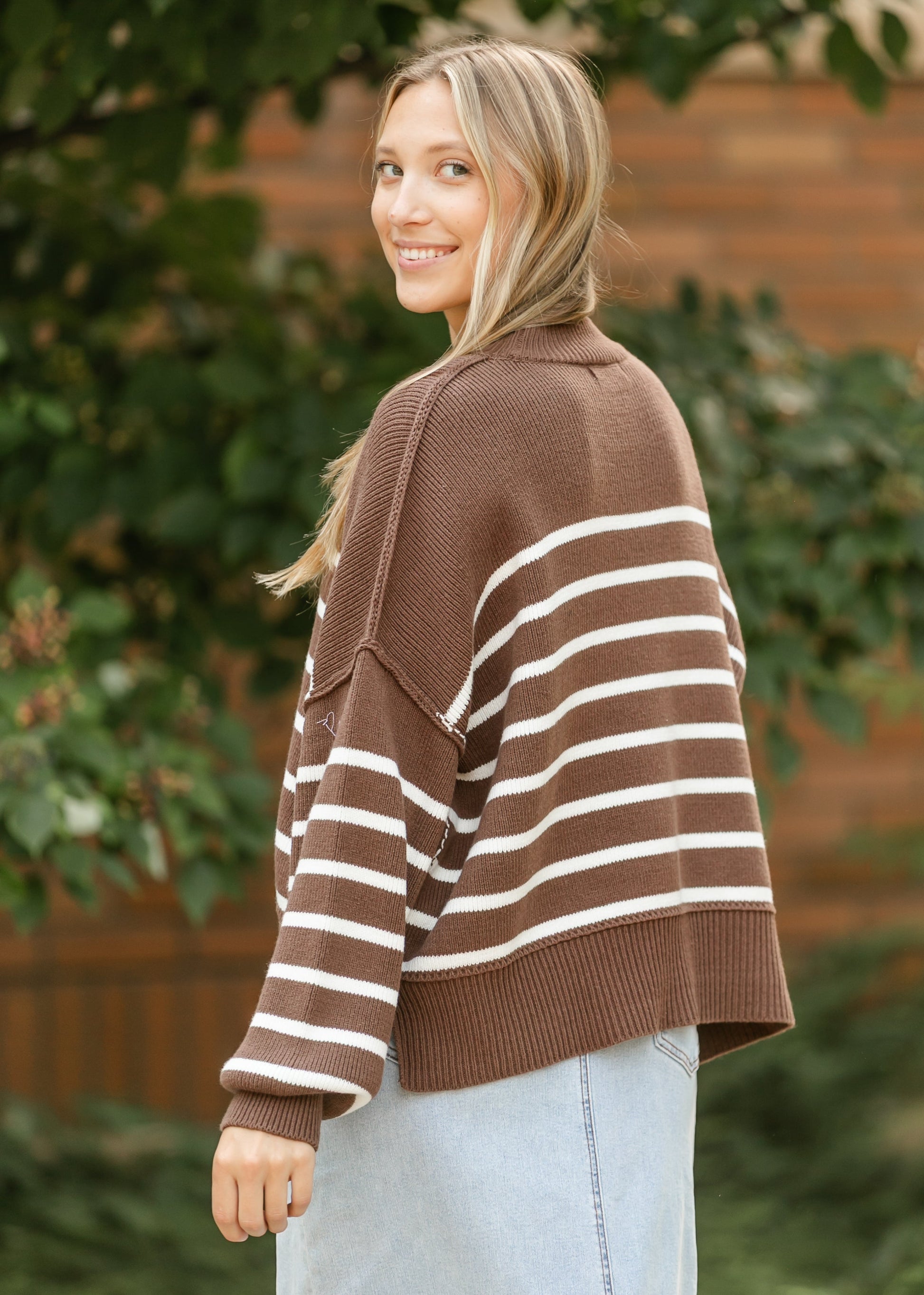 Brown Striped Crewneck Top FF Tops