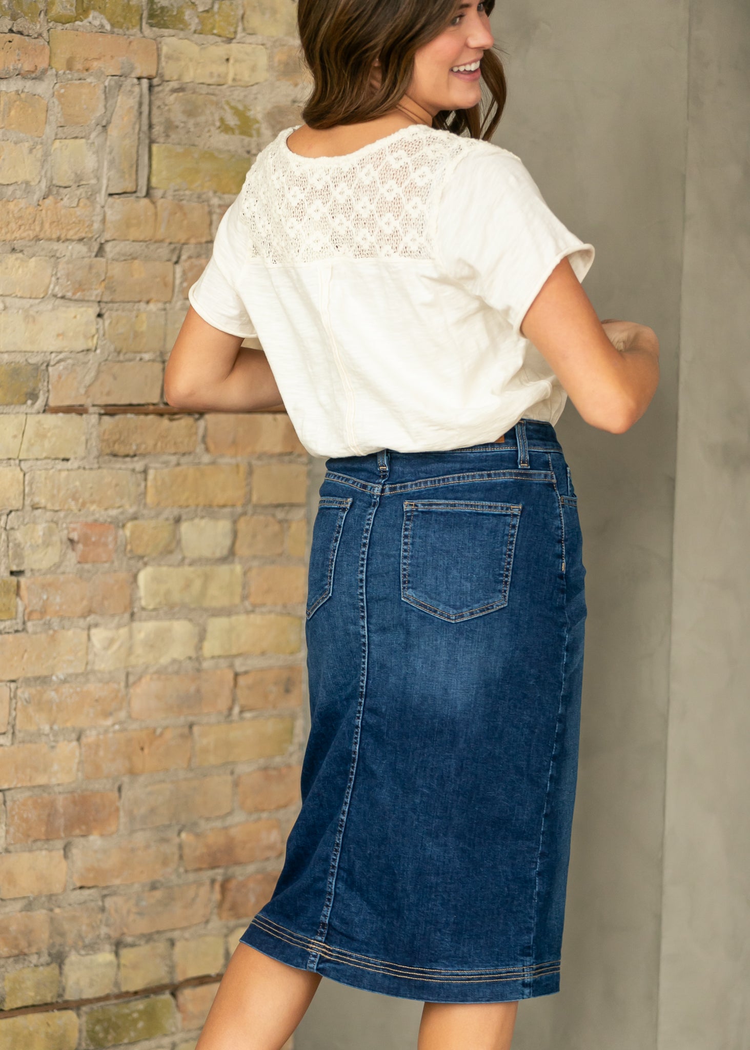 Bryn Dark Wash Denim Midi Skirt IC Skirts