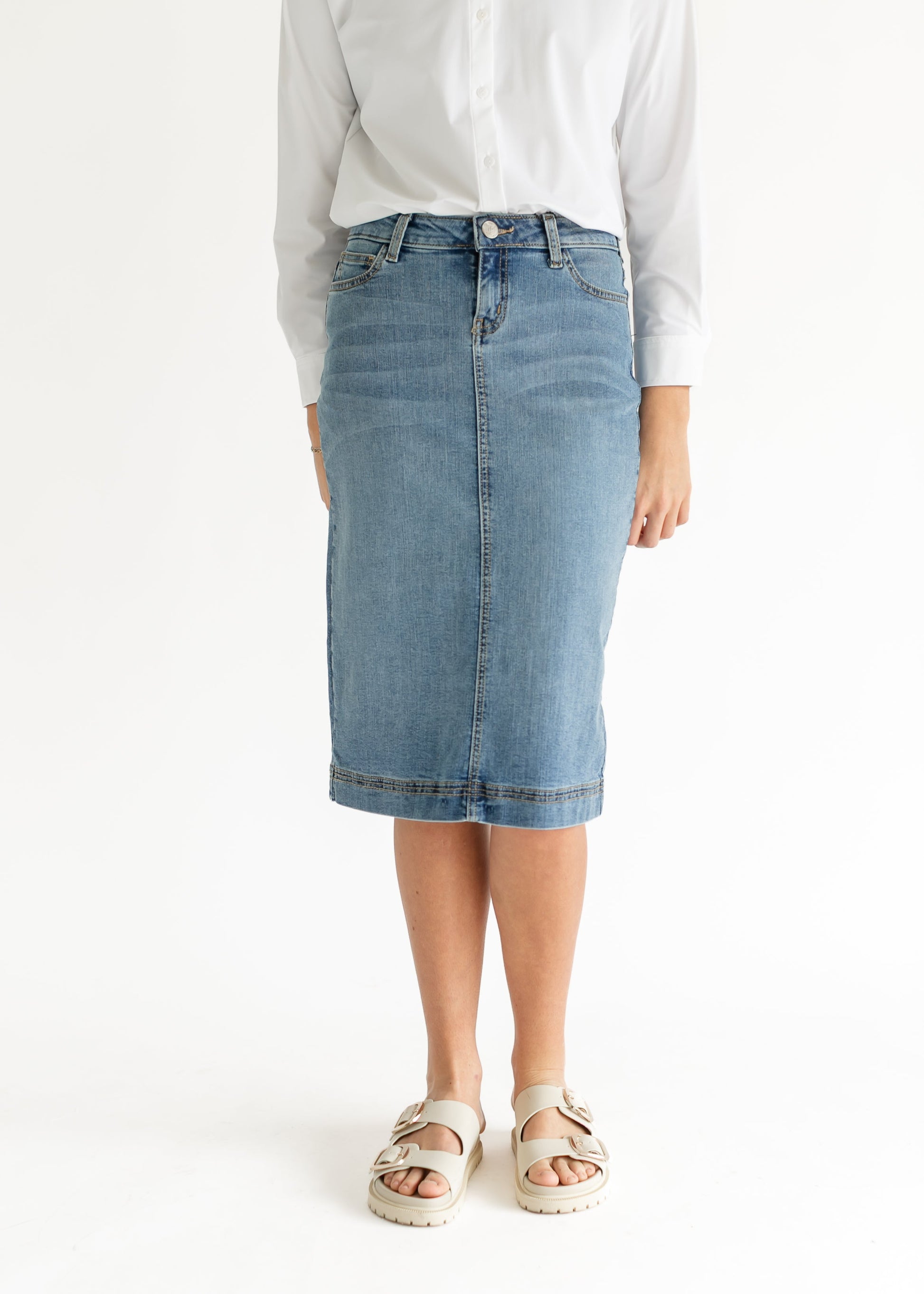 Bryn Light Wash Denim Midi Skirt IC Skirts