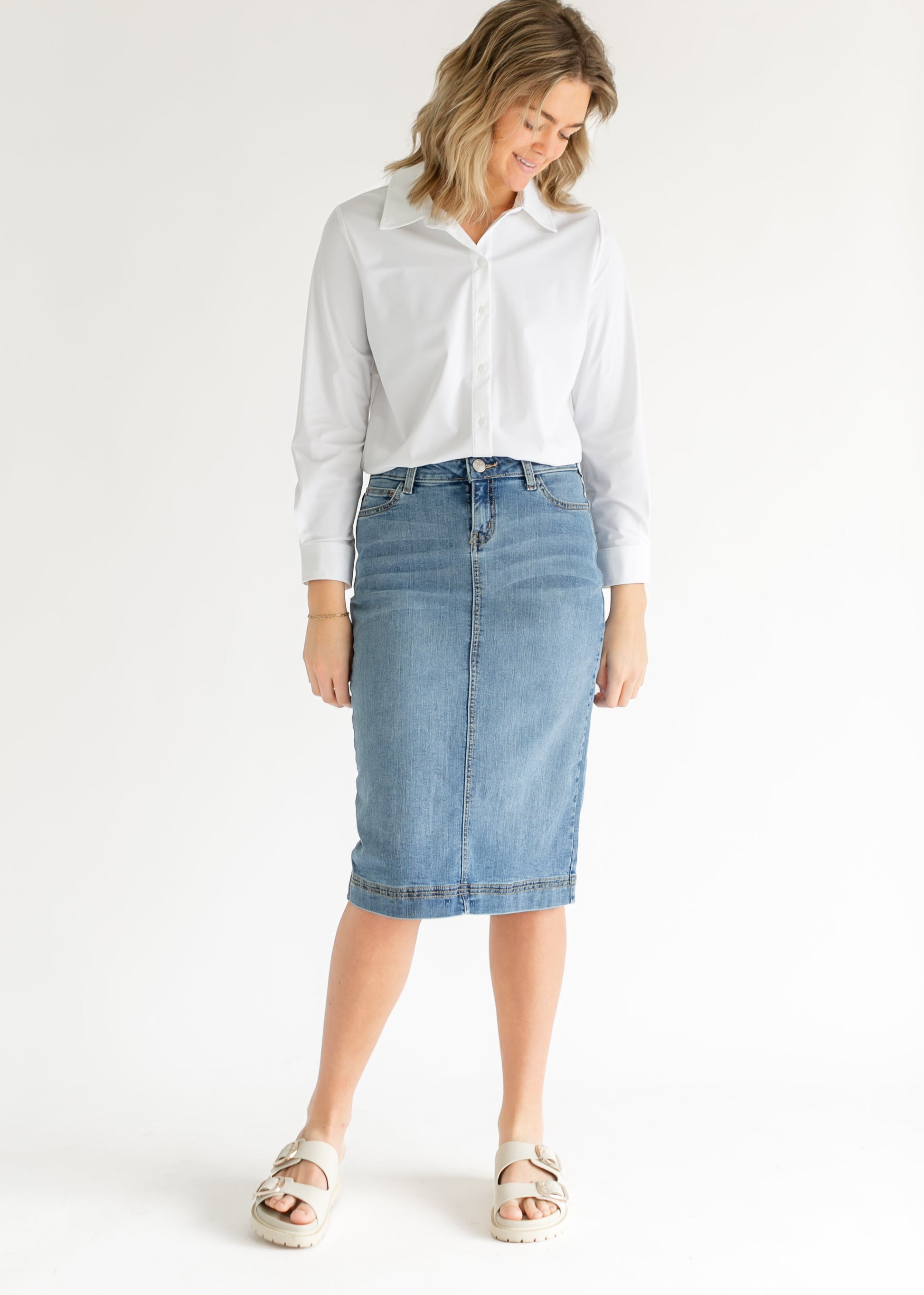 Bryn Light Wash Denim Midi Skirt IC Skirts