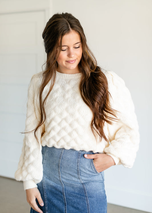 Bubble Pleated Sleeve Sweater FF Tops