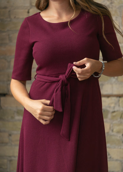 Burgundy Half Sleeve Woven Knit Midi Dress FF Dresses