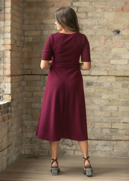 Burgundy Half Sleeve Woven Knit Midi Dress FF Dresses