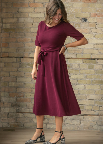 Burgundy Half Sleeve Woven Knit Midi Dress FF Dresses