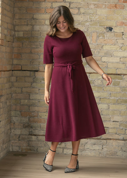 Burgundy Half Sleeve Woven Knit Midi Dress FF Dresses