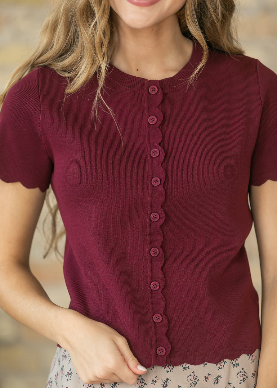 Burgundy Scalloped Short Sleeve Button Knit Cardigan FF Layering Essentials