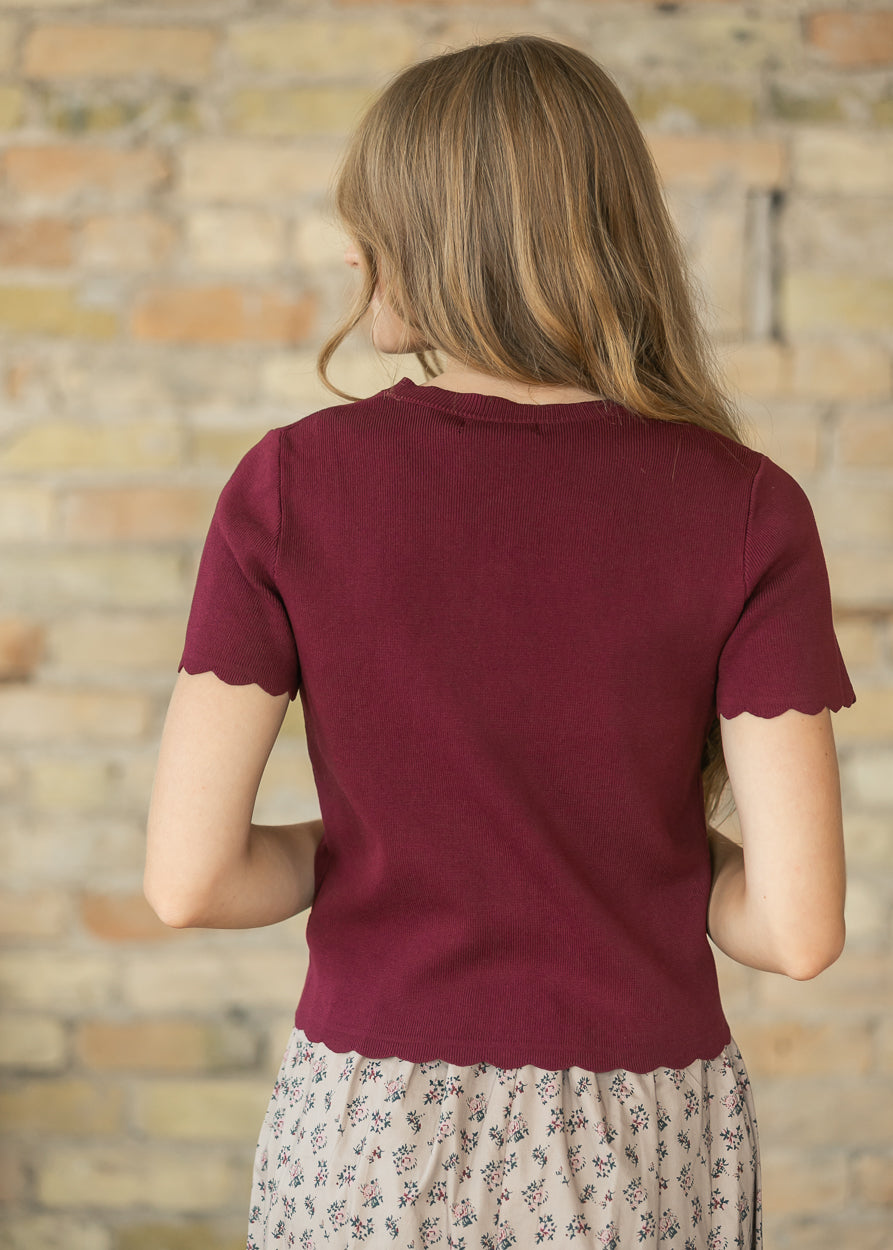 Burgundy Scalloped Short Sleeve Button Knit Cardigan FF Layering Essentials