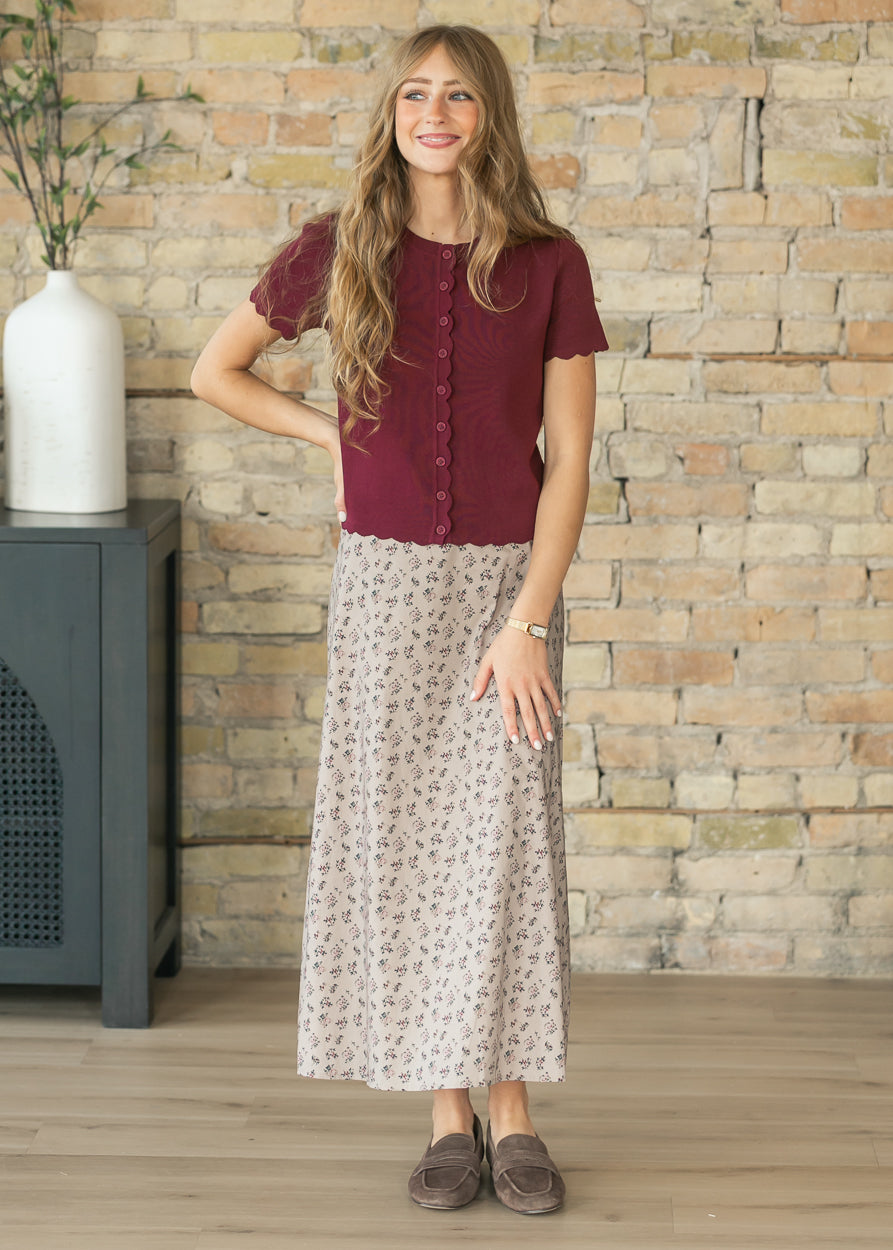 Burgundy Scalloped Short Sleeve Button Knit Cardigan FF Layering Essentials