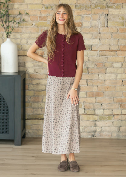 Burgundy Scalloped Short Sleeve Button Knit Cardigan FF Layering Essentials