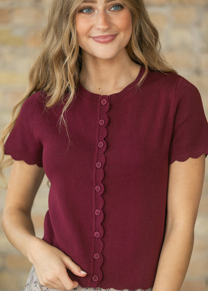 Burgundy Scalloped Short Sleeve Button Knit Cardigan FF Layering Essentials