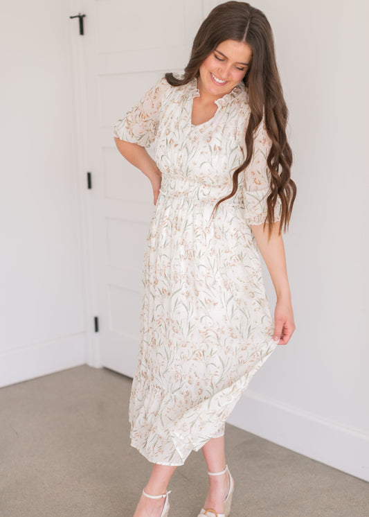 Button Bodice Floral Midi Dress Dresses