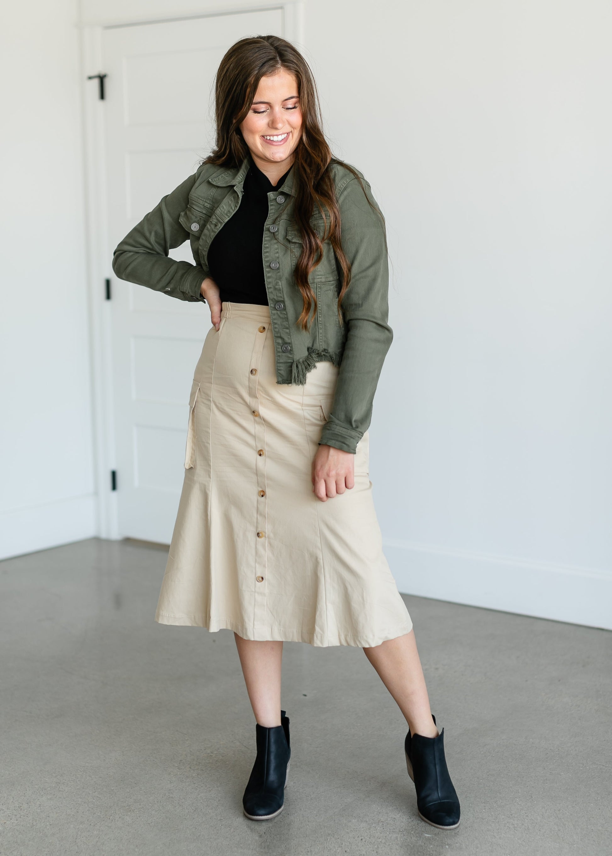 Button Down Cargo Pocket Midi Skirt FF Skirts