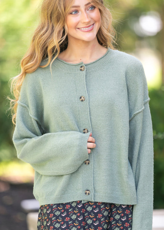 Button Down Raw Seam Cardigan FF Layering Essentials Sage / S