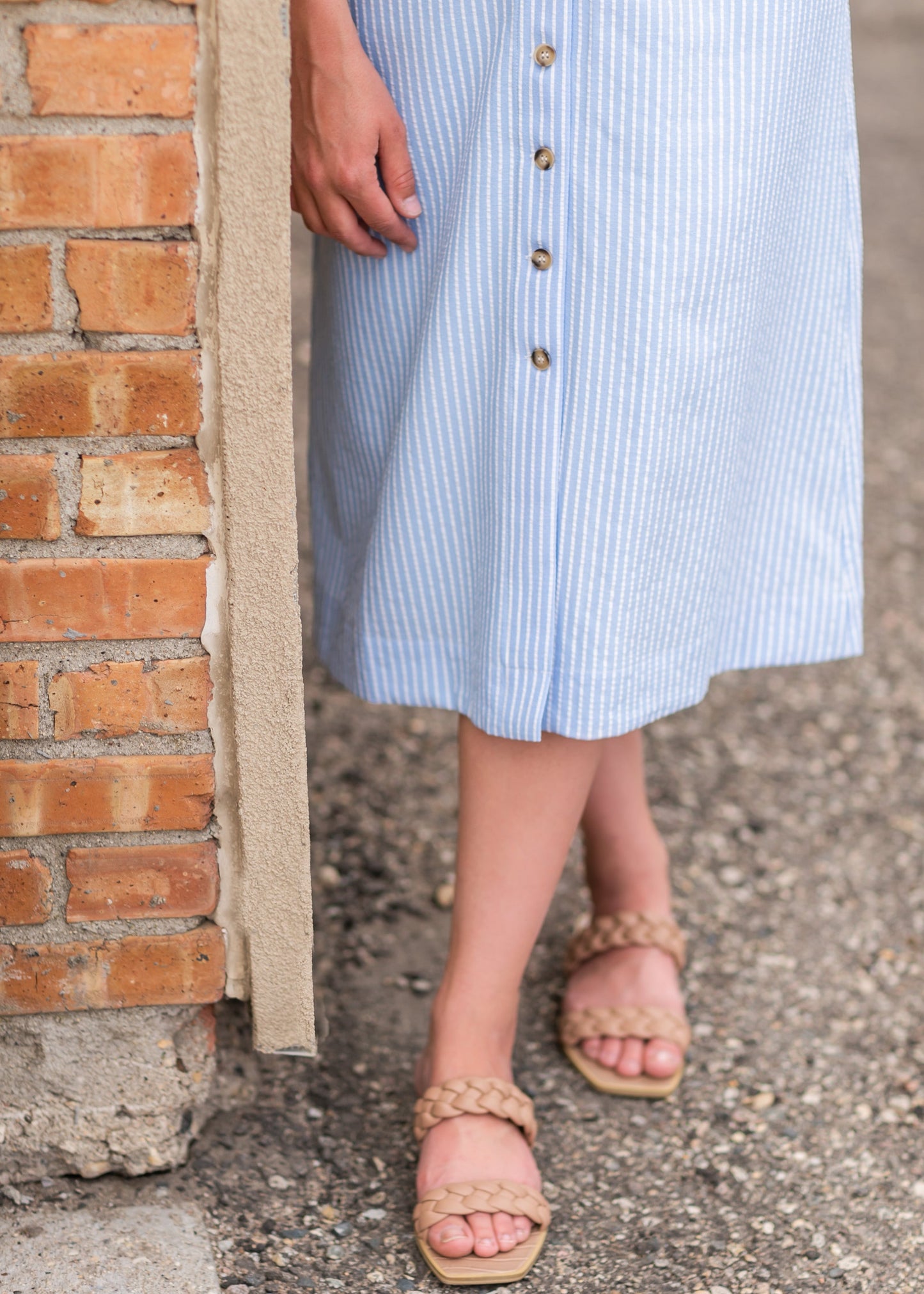 Button Front Blue Striped Midi Skirt Skirts