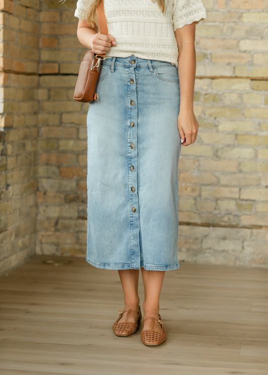 Button Front Denim Maxi Skirt FF Skirts