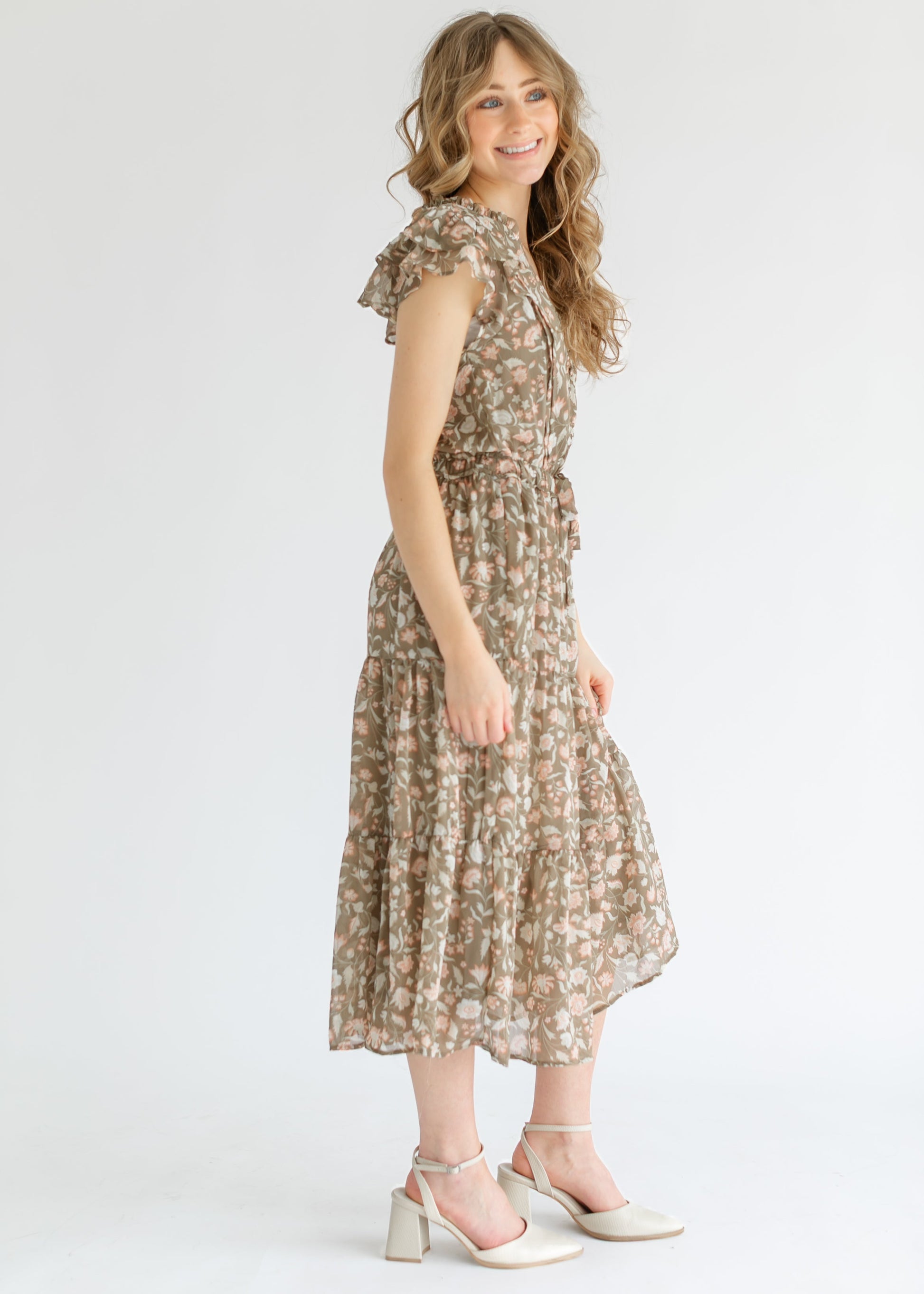 Button Front Floral Tiered Midi Dress FF Dresses