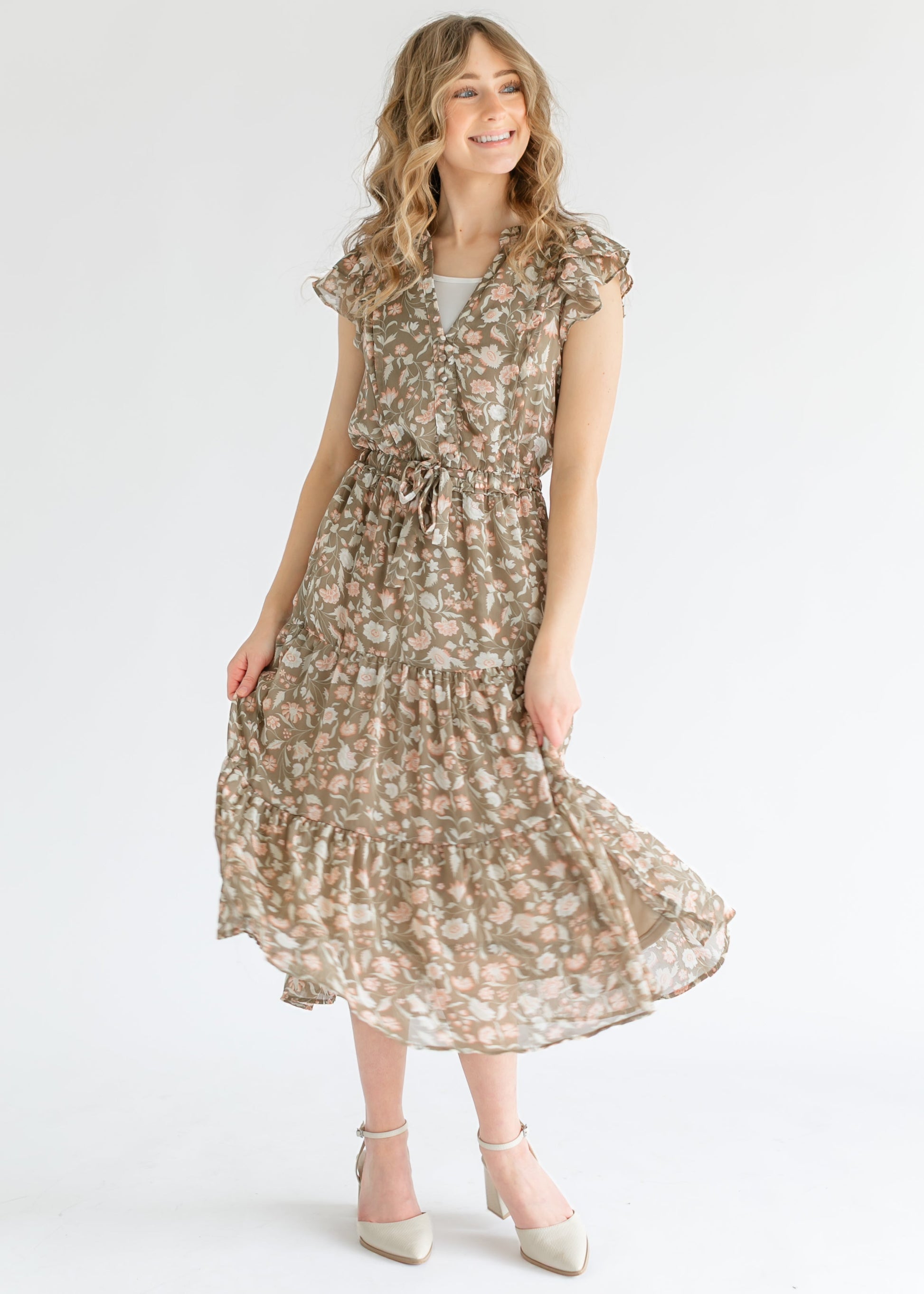 Button Front Floral Tiered Midi Dress FF Dresses