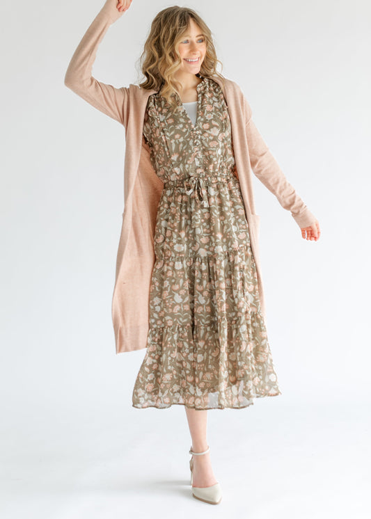 Button Front Floral Tiered Midi Dress FF Dresses
