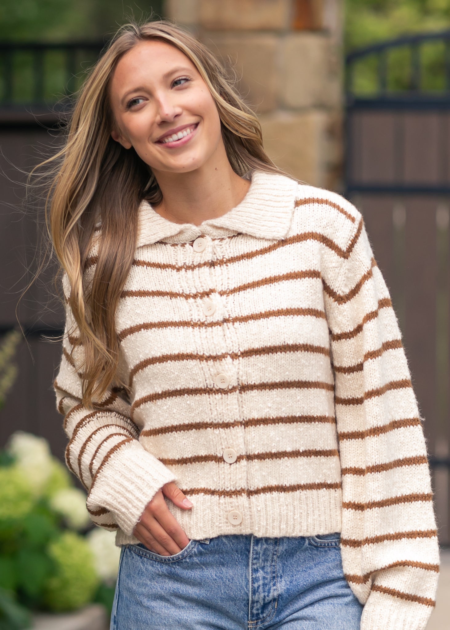 Button Front Striped Collared Cardigan FF Tops