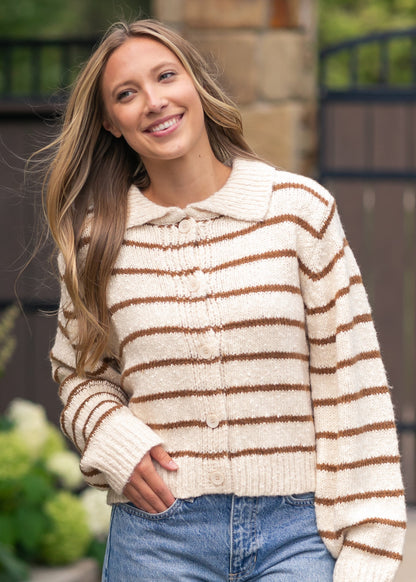 Button Front Striped Collared Cardigan FF Tops