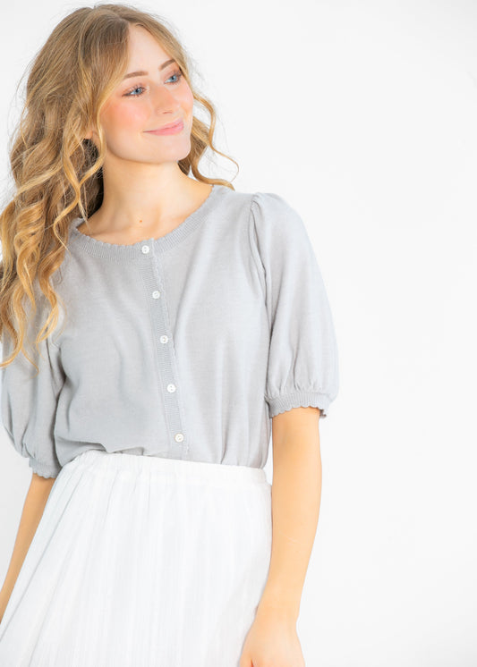 Button Puff Short Sleeve Cardigan FF Tops Heather Grey / S